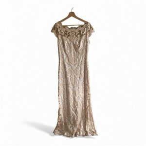 Tadashi Shoji Women Evening Dress 10 Metallic Nude Floral Lace Embroidered Gown